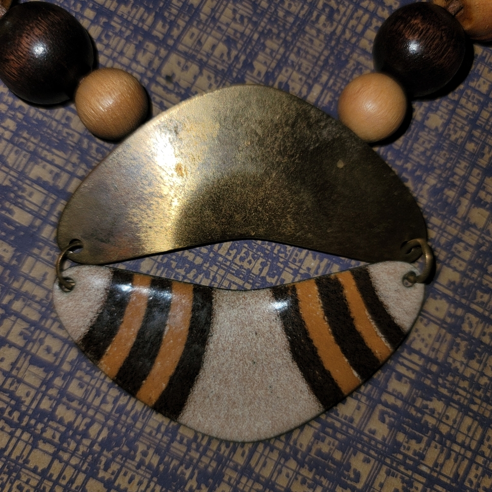Vintage boho statement necklace wooden beads hand painted